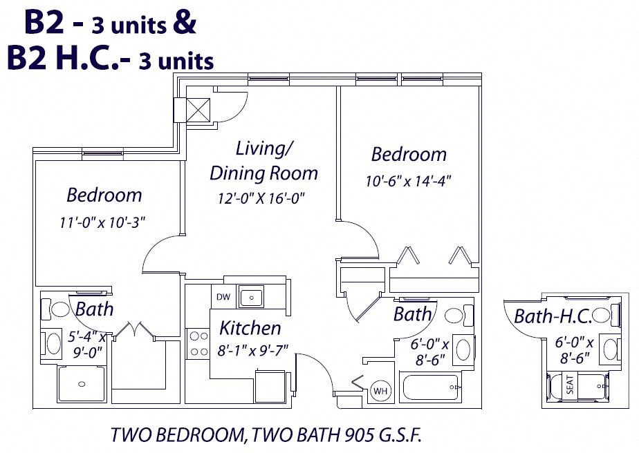 Floor plan for 2 beds, 2 baths, 930 sqft